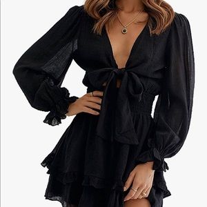 Black Mini V Neck Ruffle Dress